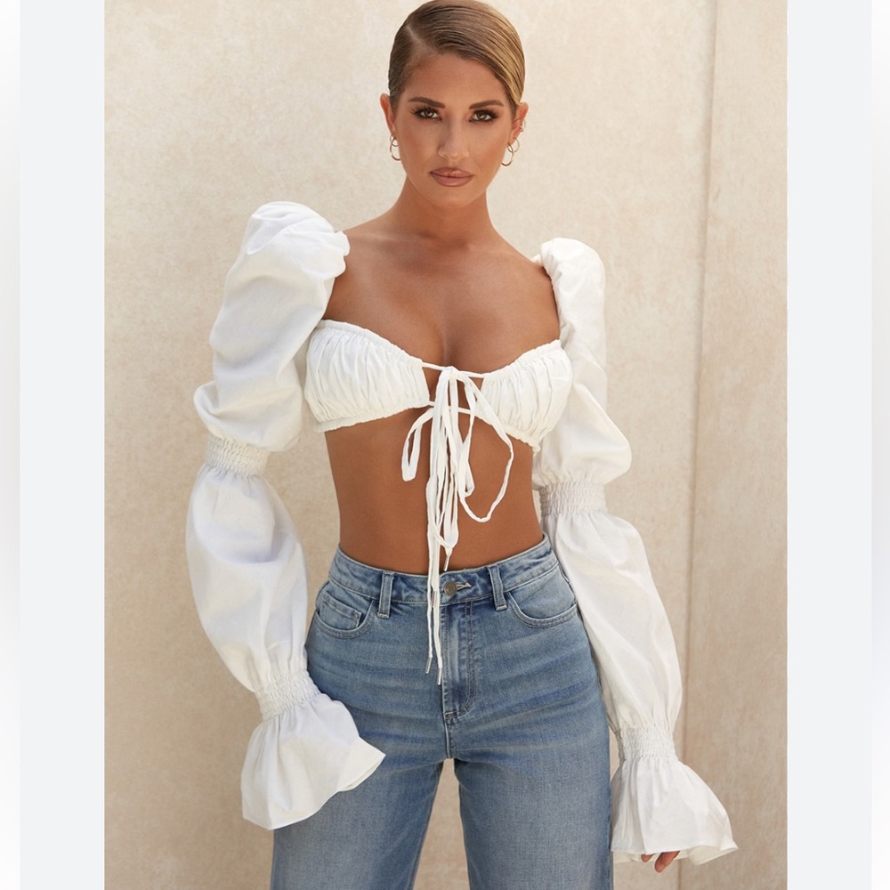 House of CB White Puff Sleeve Lace-Up Crop Top